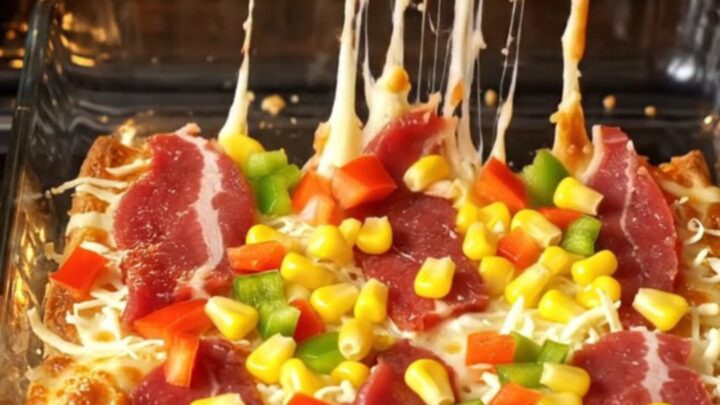 Golden toast bread pizza with melted kaşar cheese, sucuk, and corn, pulled apart showing cheese stretch