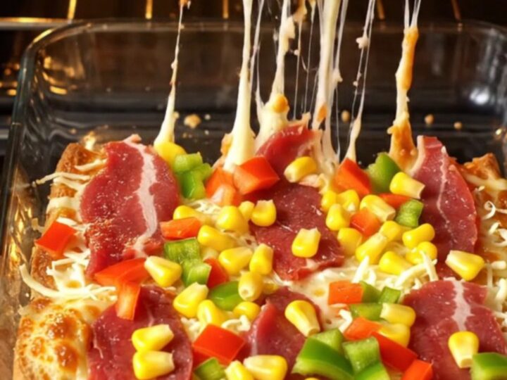 Golden toast bread pizza with melted kaşar cheese, sucuk, and corn, pulled apart showing cheese stretch