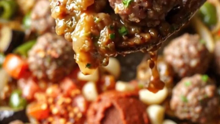 Golden seared eggplant chunks and peppers with mini meatballs in a rich tomato sauce, topped with fresh parsley