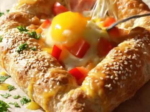 Golden triangular lavaş boat sliced open showing cheese pull and egg yolk