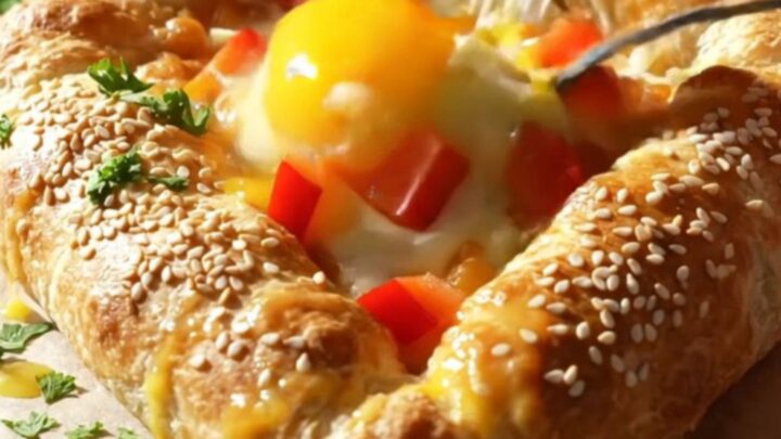 Golden triangular lavaş boat sliced open showing cheese pull and egg yolk