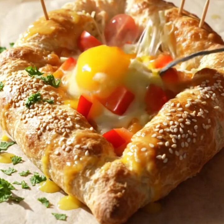 Golden triangular lavaş boat sliced open showing cheese pull and egg yolk