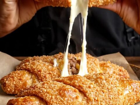 Golden crispy breaded meat börek on a baking sheet, with a cross-section showing melted cheese