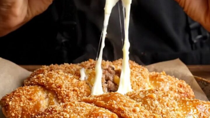 Golden crispy breaded meat börek on a baking sheet, with a cross-section showing melted cheese