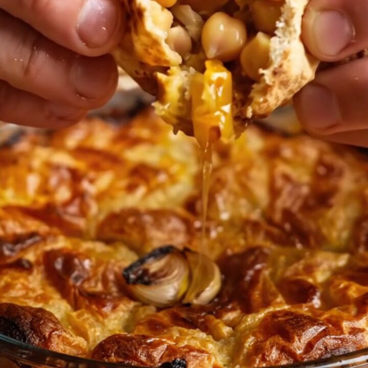 Golden baked chickpea tava in a glass dish with caramelized peppers and garlic, ready to serve