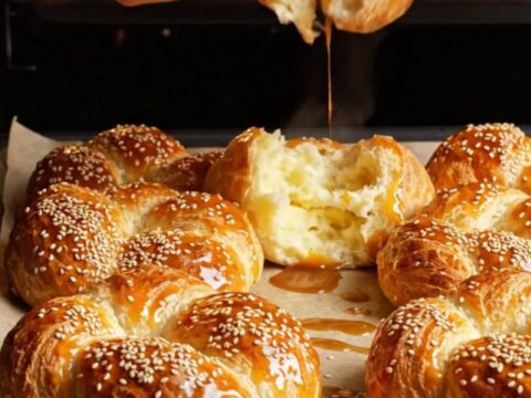 Golden Turkish açma pastry rings on a parchment-lined baking sheet, glazed and sprinkled with sesame seeds.