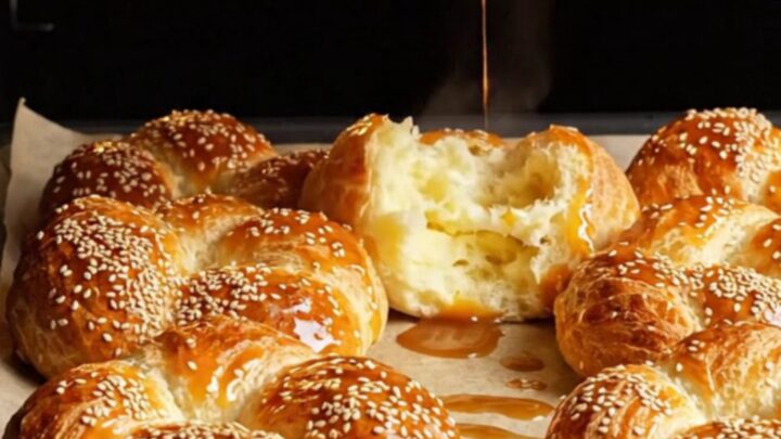 Golden Turkish açma pastry rings on a parchment-lined baking sheet, glazed and sprinkled with sesame seeds.