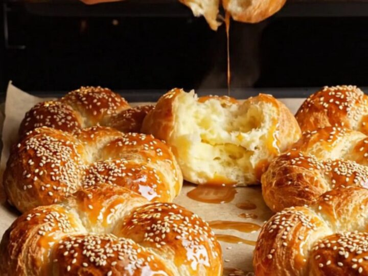 Golden Turkish açma pastry rings on a parchment-lined baking sheet, glazed and sprinkled with sesame seeds.