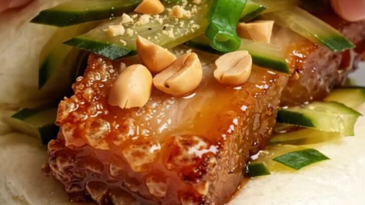Crispy pork belly bao buns with hoisin glaze, pickled cucumbers, and peanuts