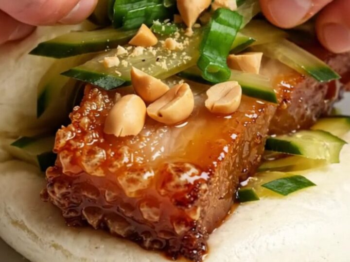 Crispy pork belly bao buns with hoisin glaze, pickled cucumbers, and peanuts