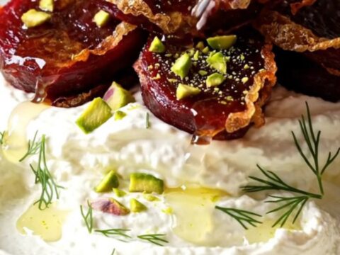 Crispy smashed golden beets over whipped goat cheese with honey and pistachios