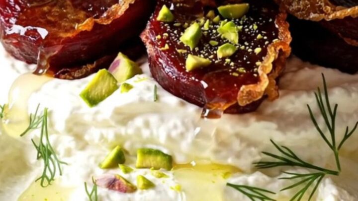 Crispy smashed golden beets over whipped goat cheese with honey and pistachios