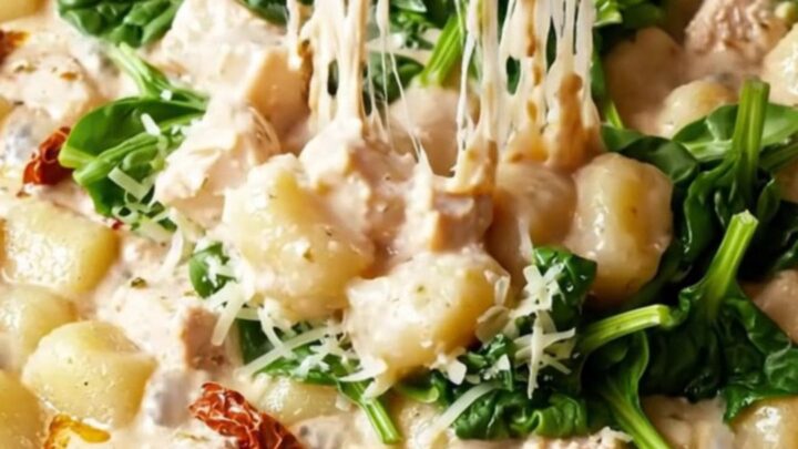 Bubbling golden casserole dish of creamy Tuscan chicken gnocchi bake with melted mozzarella and a cheese pull