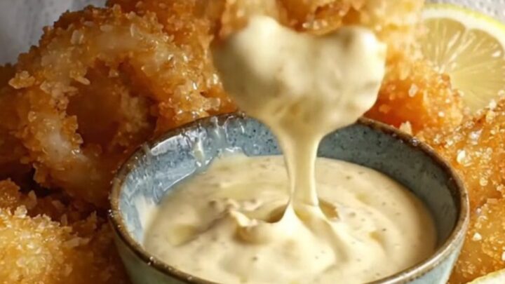 Crispy panko calamari rings and tentacles piled on a platter with lemon wedges and garlic aioli dip