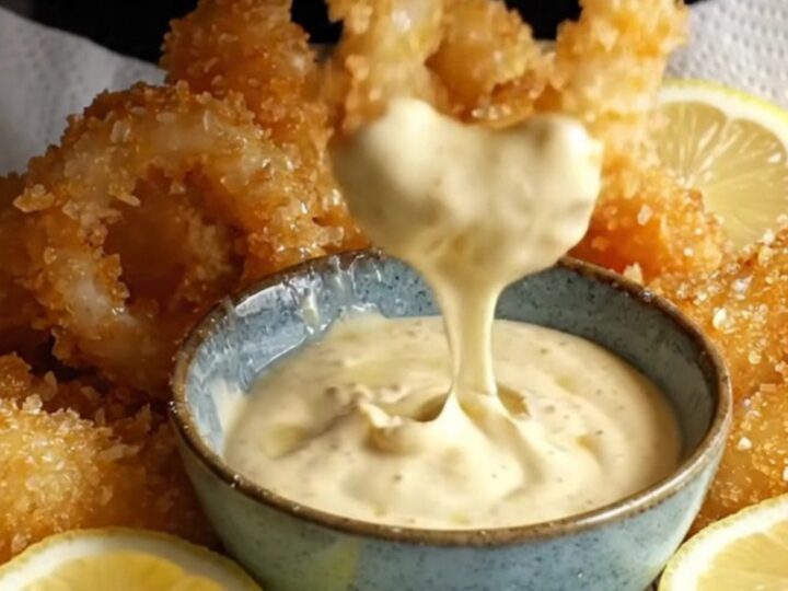 Crispy panko calamari rings and tentacles piled on a platter with lemon wedges and garlic aioli dip