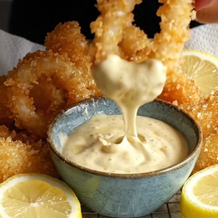 Crispy panko calamari rings and tentacles piled on a platter with lemon wedges and garlic aioli dip
