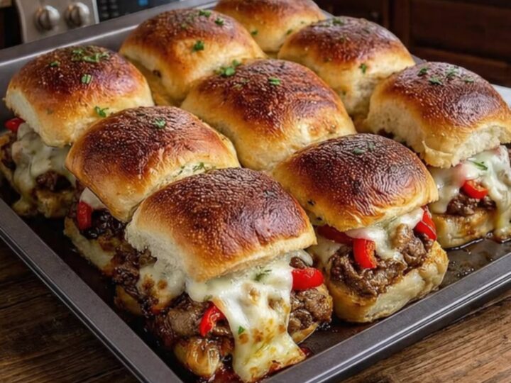 A close-up shot of a cheesy Philly cheesesteak slider being pulled apart, showing long