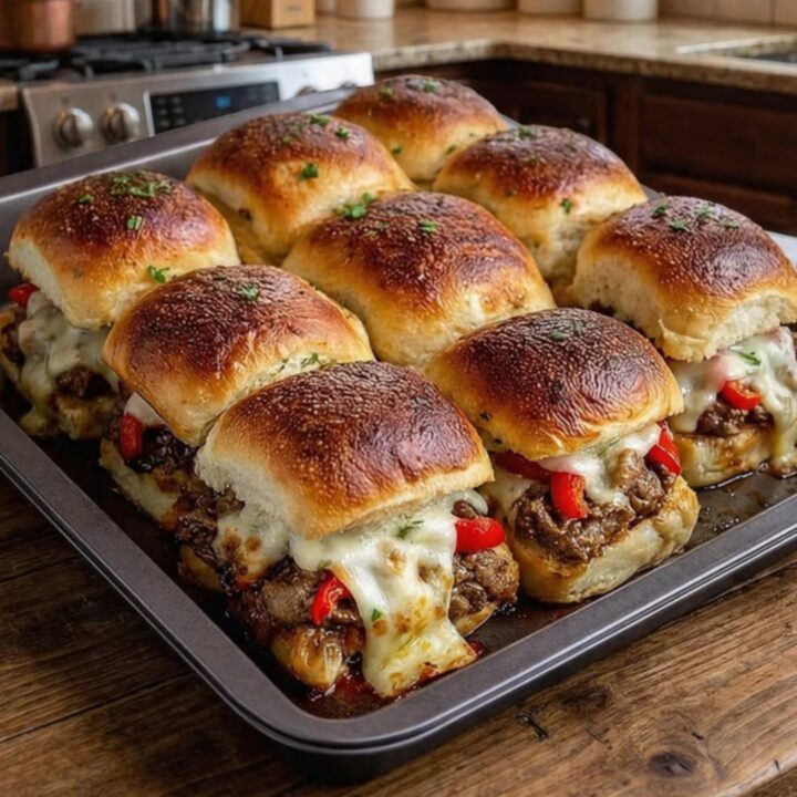 A close-up shot of a cheesy Philly cheesesteak slider being pulled apart, showing long