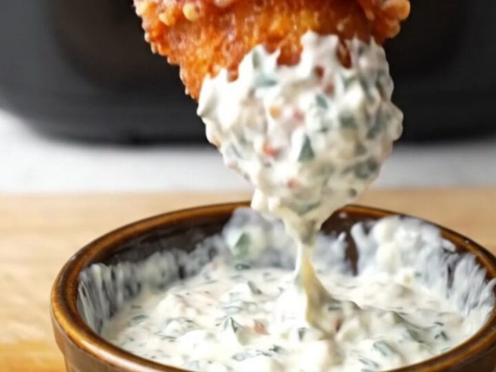 Bacon-wrapped jalapeño poppers with creamy buffalo chicken filling, air-fried until crispy