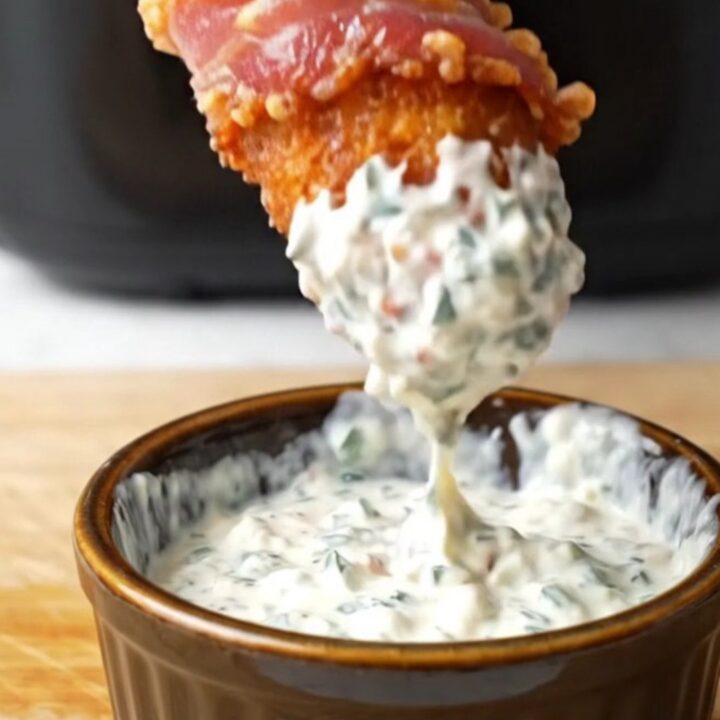 Bacon-wrapped jalapeño poppers with creamy buffalo chicken filling, air-fried until crispy