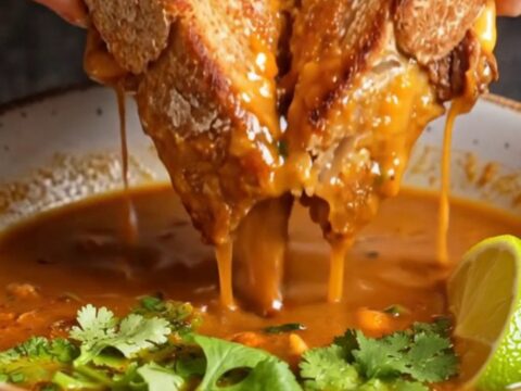 Birria grilled cheese sandwich with melted cheese pull, on a plate with consommé for dipping