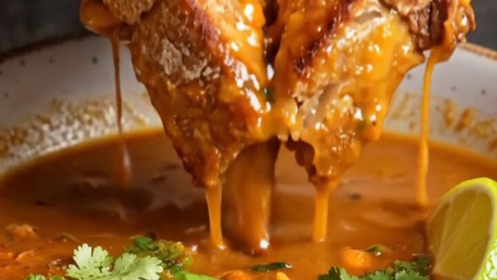 Birria grilled cheese sandwich with melted cheese pull, on a plate with consommé for dipping