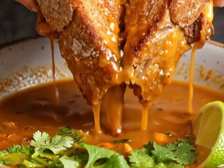 Birria grilled cheese sandwich with melted cheese pull, on a plate with consommé for dipping