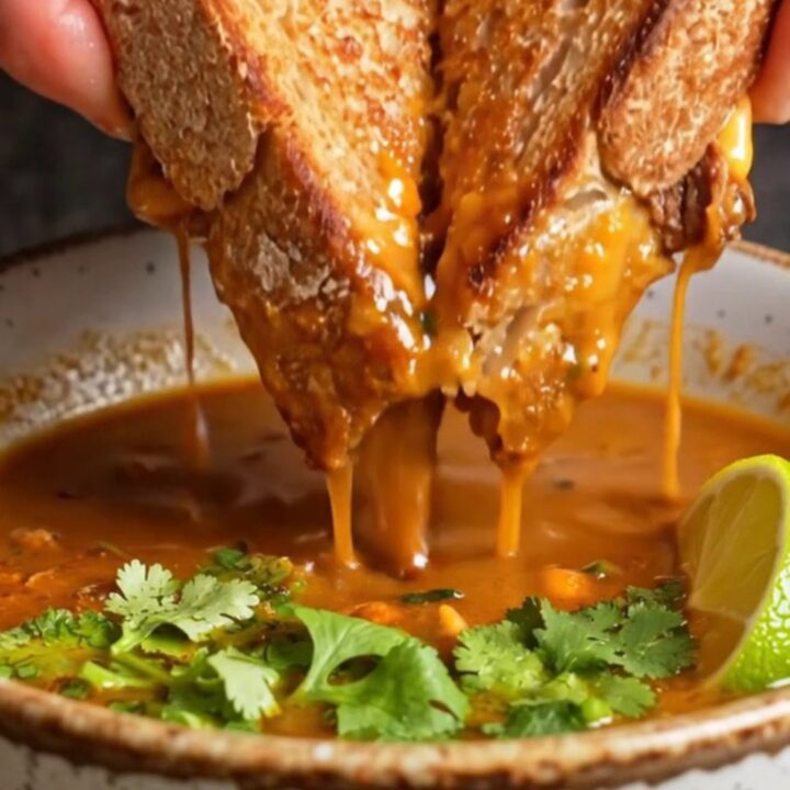 Birria grilled cheese sandwich with melted cheese pull, on a plate with consommé for dipping