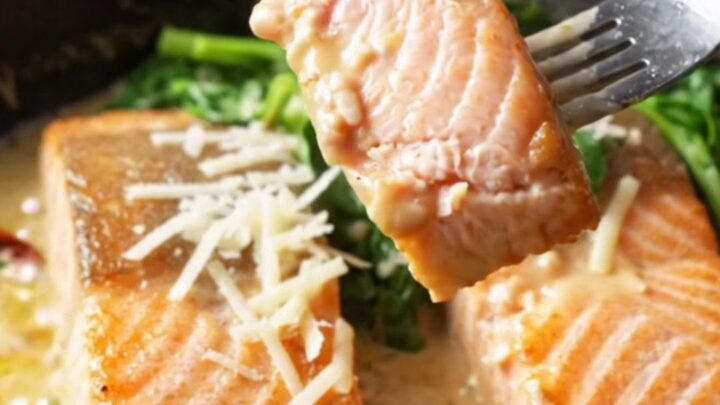 Golden-seared salmon fillets in a creamy parmesan sauce with sun-dried tomatoes and spinach in a skillet
