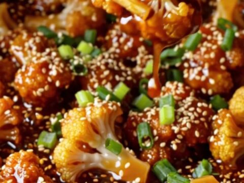 A bowl of crispy air-fried cauliflower bites coated in glossy sesame glaze, topped with sesame seeds and scallions.