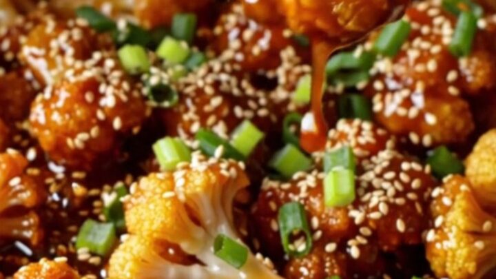 A bowl of crispy air-fried cauliflower bites coated in glossy sesame glaze, topped with sesame seeds and scallions.