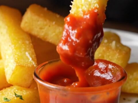 Crispy air-fried parmesan polenta fries with a side of marinara sauce, golden and crunchy.