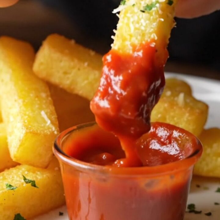 Crispy air-fried parmesan polenta fries with a side of marinara sauce, golden and crunchy.