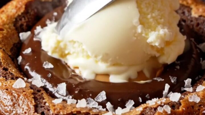 Molten chocolate peanut butter lava cake in a mini cast iron skillet with vanilla ice cream and sea salt.