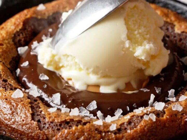 Molten chocolate peanut butter lava cake in a mini cast iron skillet with vanilla ice cream and sea salt.