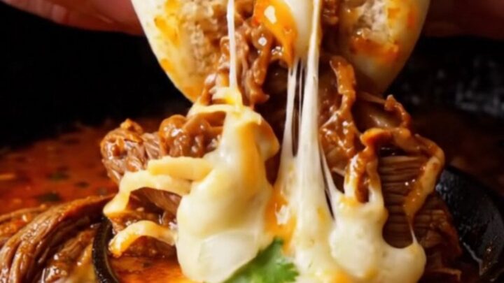 A steamed bao bun stuffed with birria beef and melted cheese, dipped halfway into a bowl of red consommé.