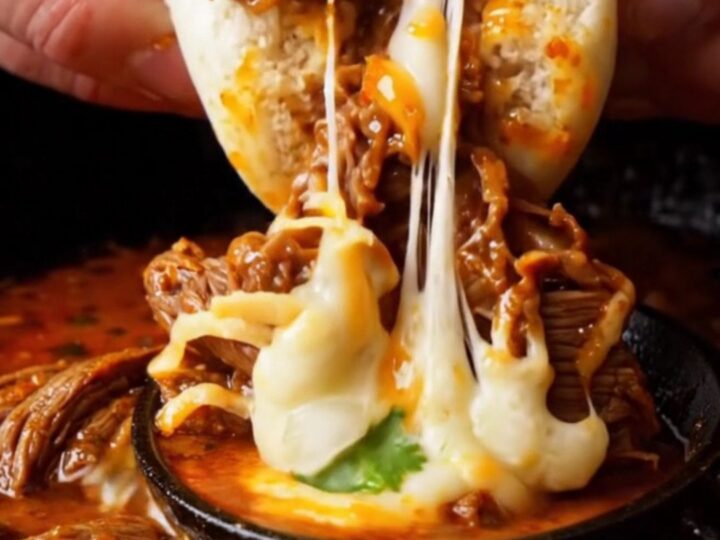 A steamed bao bun stuffed with birria beef and melted cheese, dipped halfway into a bowl of red consommé.