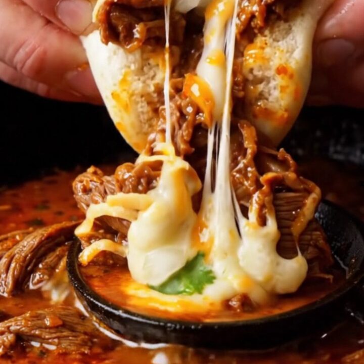 A steamed bao bun stuffed with birria beef and melted cheese, dipped halfway into a bowl of red consommé.