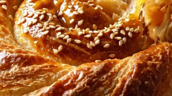 Golden spiral Turkish tahini roll with sesame seeds on a baking sheet