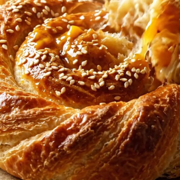 Golden spiral Turkish tahini roll with sesame seeds on a baking sheet