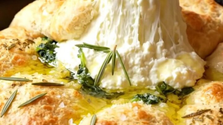 Golden brown stuffed focaccia in a cast iron skillet, cut open to show molten cheese and spinach