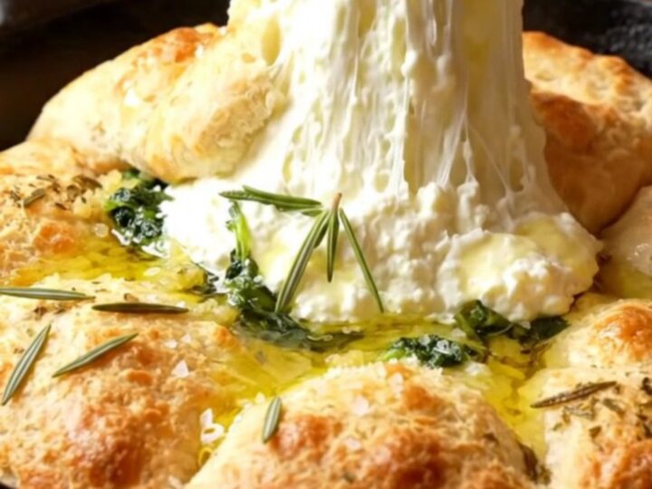 Golden brown stuffed focaccia in a cast iron skillet, cut open to show molten cheese and spinach