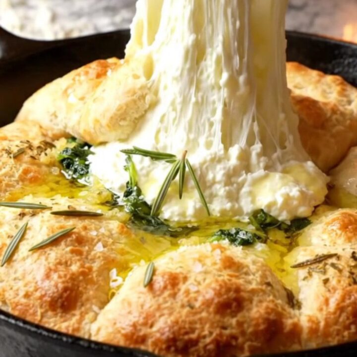 Golden brown stuffed focaccia in a cast iron skillet, cut open to show molten cheese and spinach