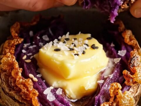 Crispy smashed purple sweet potatoes with melted miso garlic butter and sesame seeds