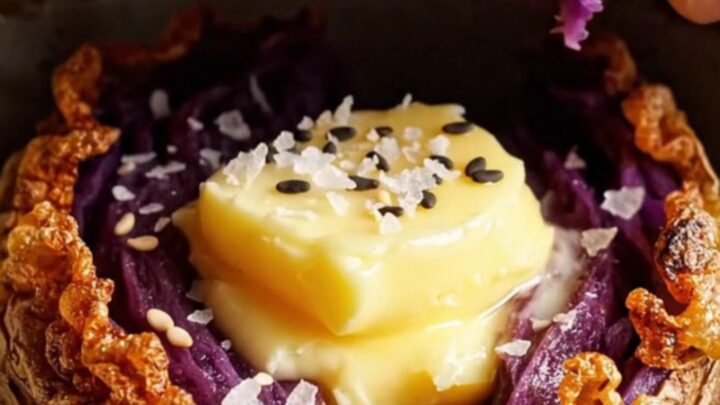 Crispy smashed purple sweet potatoes with melted miso garlic butter and sesame seeds