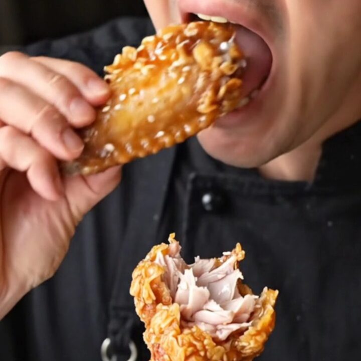 Crispy air-fried chicken wings coated in sticky garlic soy glaze, topped with sesame seeds and scallions.