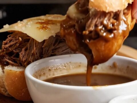 A crusty baguette sandwich filled with shredded short rib and melted Gruyère, being dipped into a bowl of dark au jus.
