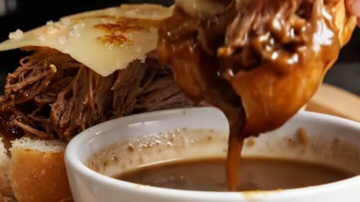 A crusty baguette sandwich filled with shredded short rib and melted Gruyère, being dipped into a bowl of dark au jus.