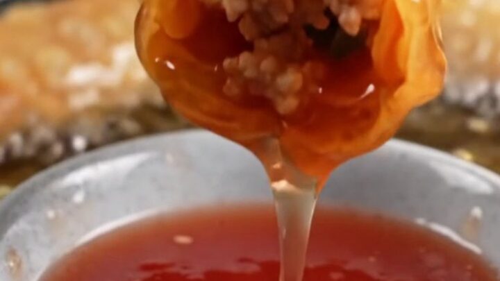 Crispy rice paper egg rolls with blistered golden exterior on a plate with sweet plum dipping sauce