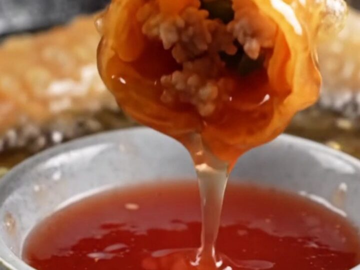 Crispy rice paper egg rolls with blistered golden exterior on a plate with sweet plum dipping sauce